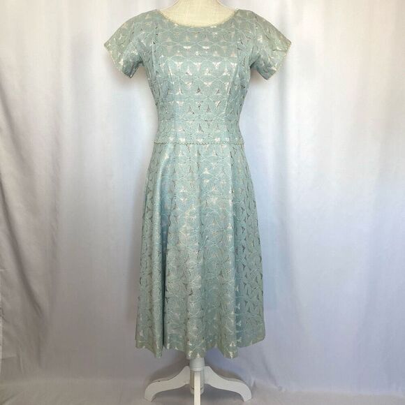 Vintage 50s Dress Blue Lace Overlay Midi Leslie Faye Fit & Flare Women’s S - Picture 1 of 12